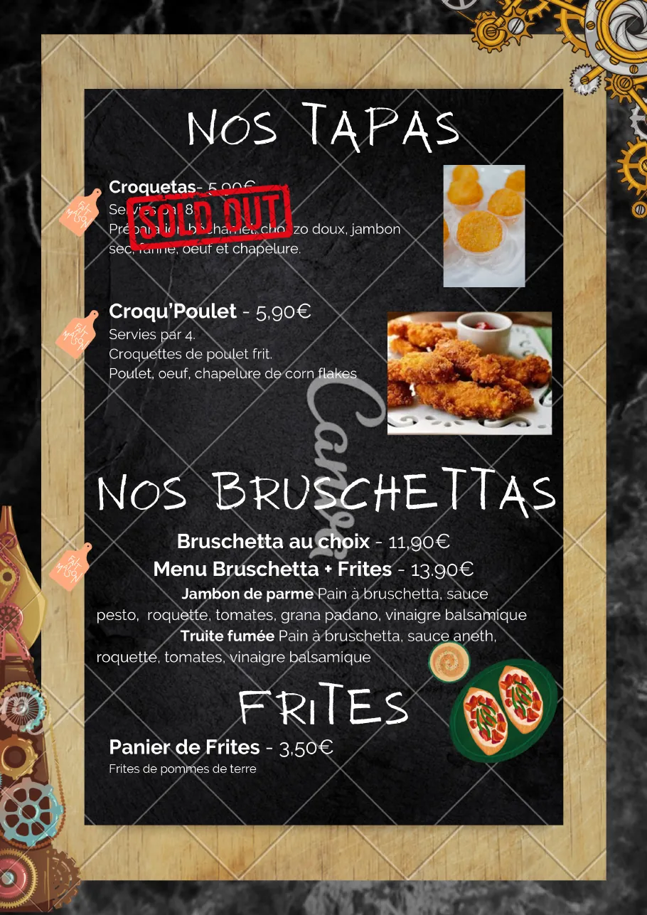 Carte du restaurant : tapas, bruschettas et frites