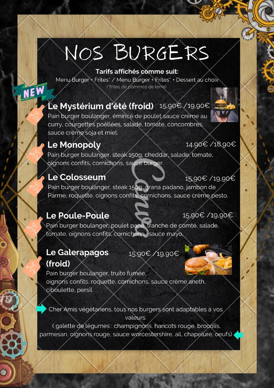 Carte du restaurant : burgers maison